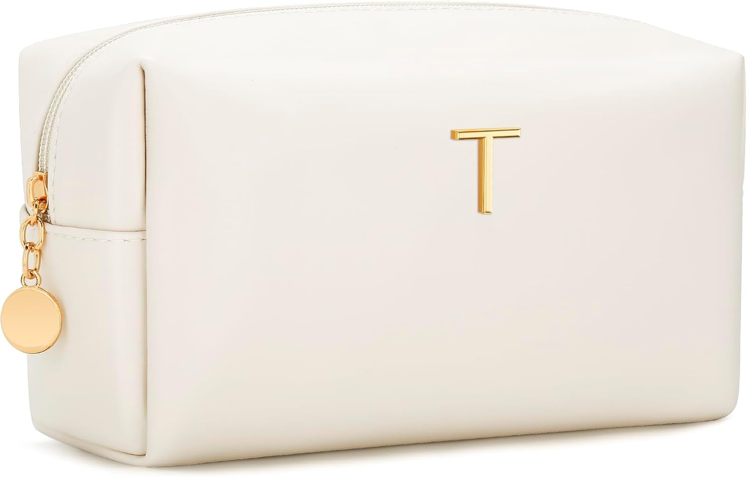 Gifts for Women Bridesmaid Gifts Personalized Initial Makeup Bag PU Leather Cosmetic Waterproof Travel Toiletry Bag (Beige A)