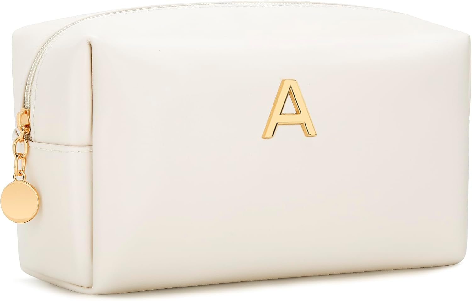 Gifts for Women Bridesmaid Gifts Personalized Initial Makeup Bag PU Leather Cosmetic Waterproof Travel Toiletry Bag (Beige A)