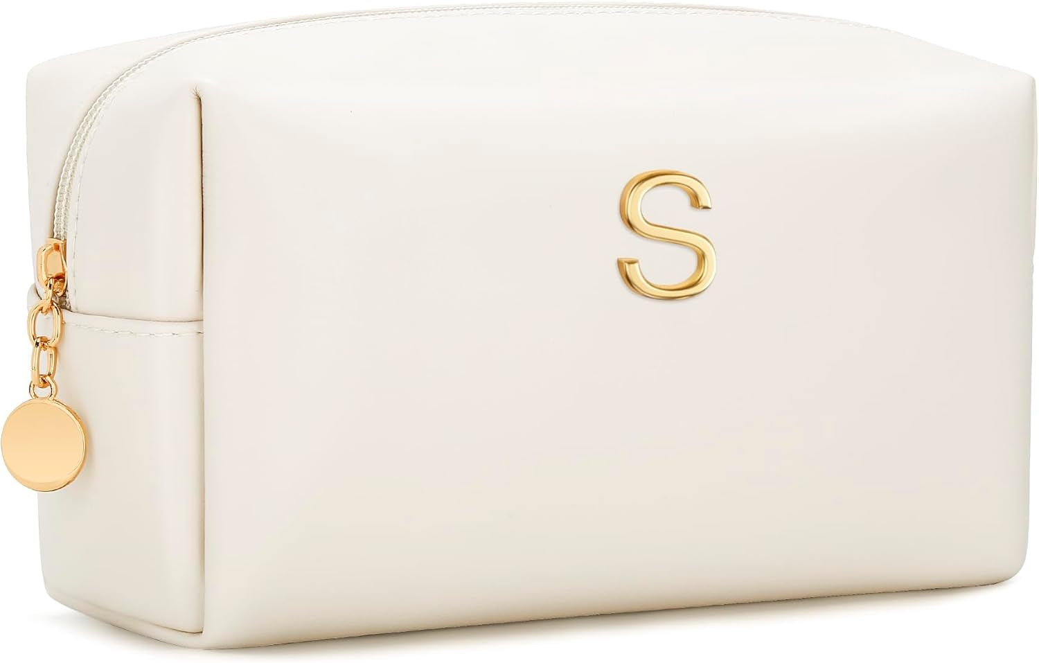 Gifts for Women Bridesmaid Gifts Personalized Initial Makeup Bag PU Leather Cosmetic Waterproof Travel Toiletry Bag (Beige A)