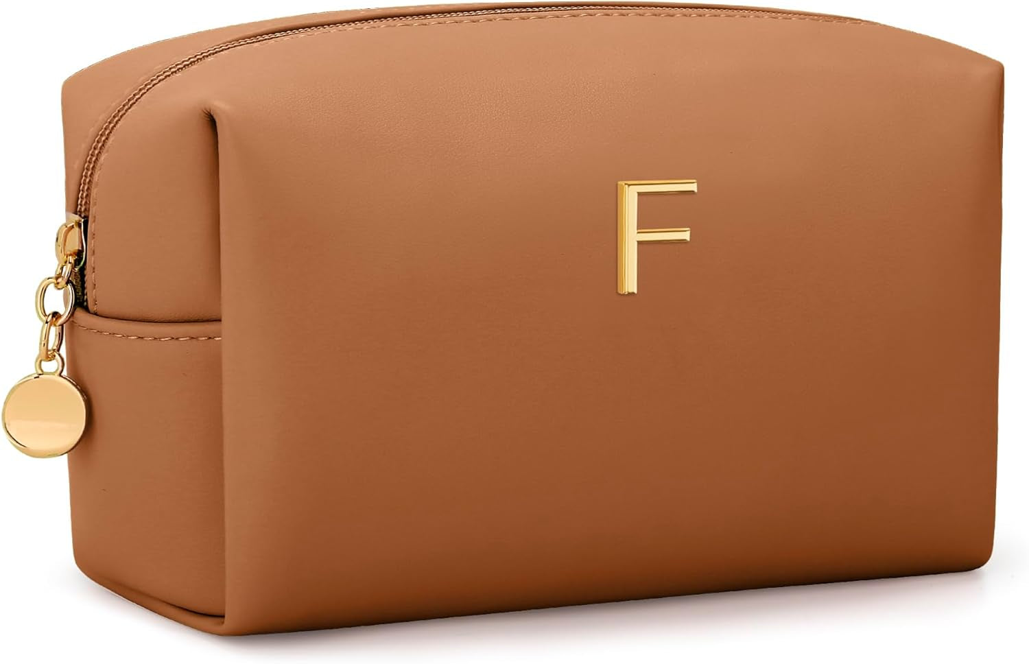 Gifts for Women Bridesmaid Gifts Personalized Initial Makeup Bag PU Leather Cosmetic Waterproof Travel Toiletry Bag (Beige A)