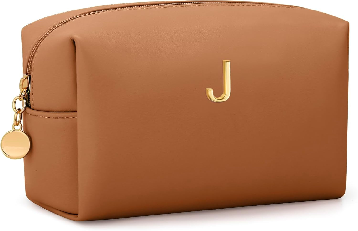 Gifts for Women Bridesmaid Gifts Personalized Initial Makeup Bag PU Leather Cosmetic Waterproof Travel Toiletry Bag (Beige A)