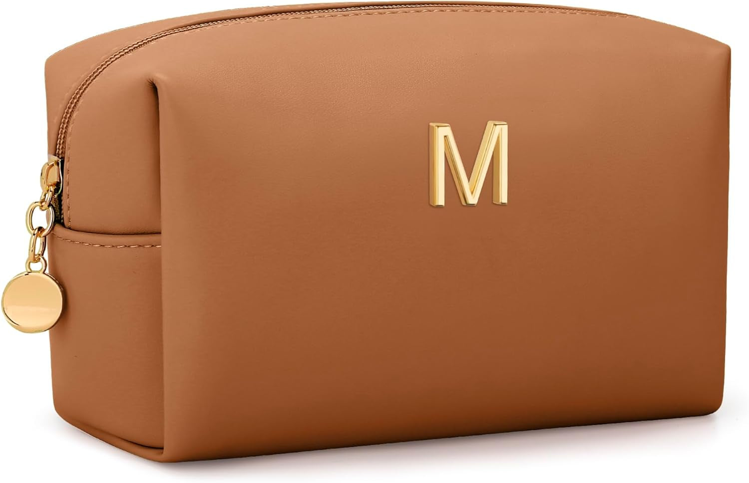 Gifts for Women Bridesmaid Gifts Personalized Initial Makeup Bag PU Leather Cosmetic Waterproof Travel Toiletry Bag (Beige A)